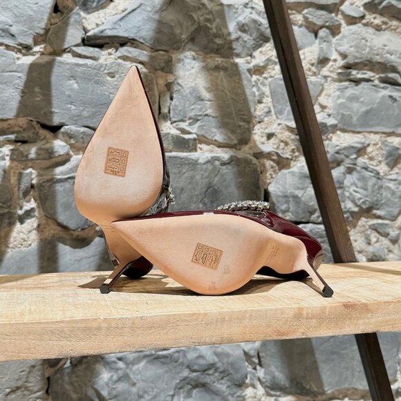 Jimmy Choo Burgundy Patent Bing 100 Crystal-Embellished Heeled Mules - Picture 8 of 11